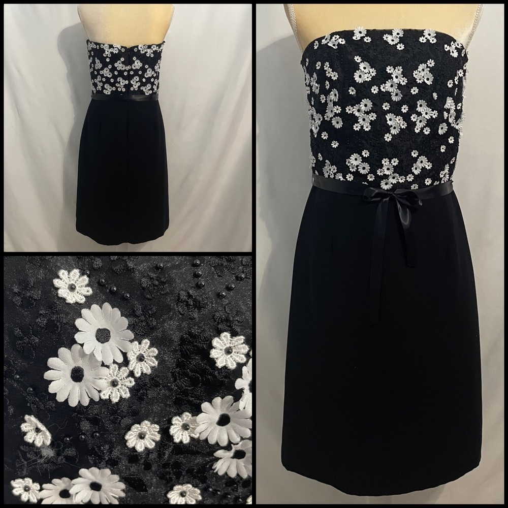 Shani black strapless cocktail dress with white 3D flowers. Size 10
